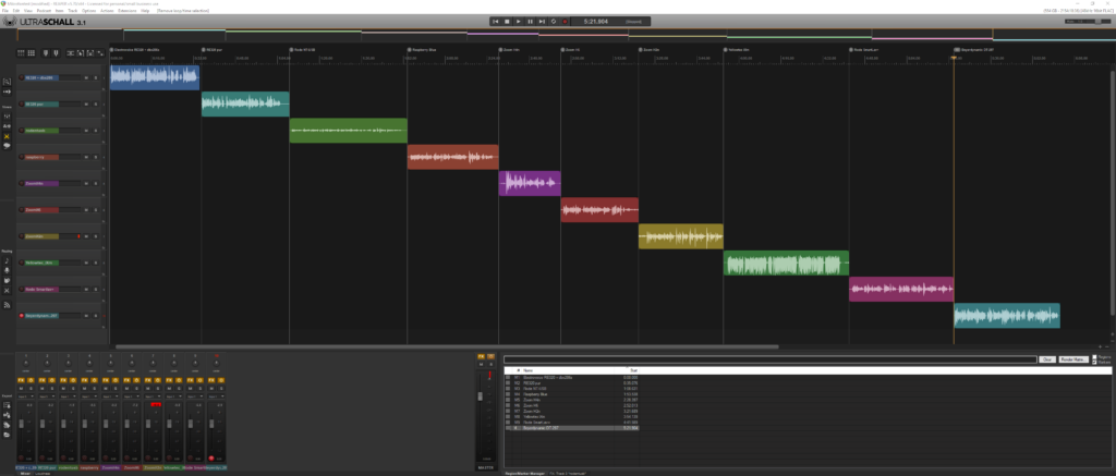 Screenshot der Audiosoftware Reaper mit mehreren übereinanderliegenden Spuren und ihren Wellenformen - die parallel aufgenommenen Mikrofontests.